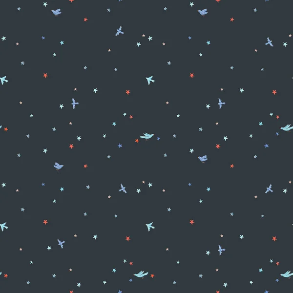 Όμορφη απρόσκοπτη μοτίβο με χαριτωμένο υδρόχρωμα πουλιά και αστέρια. Εικονογράφηση αποθέματος. — Φωτογραφία Αρχείου