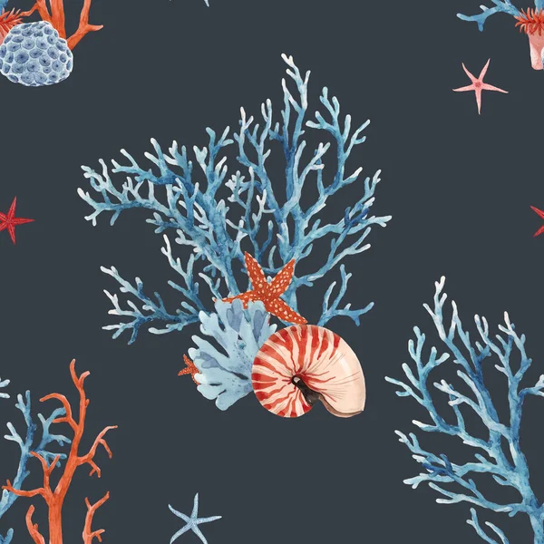 Hermoso patrón submarino sin costuras con acuarela vida marina concha de coral y estrellas de mar. Ilustración general. — Foto de Stock