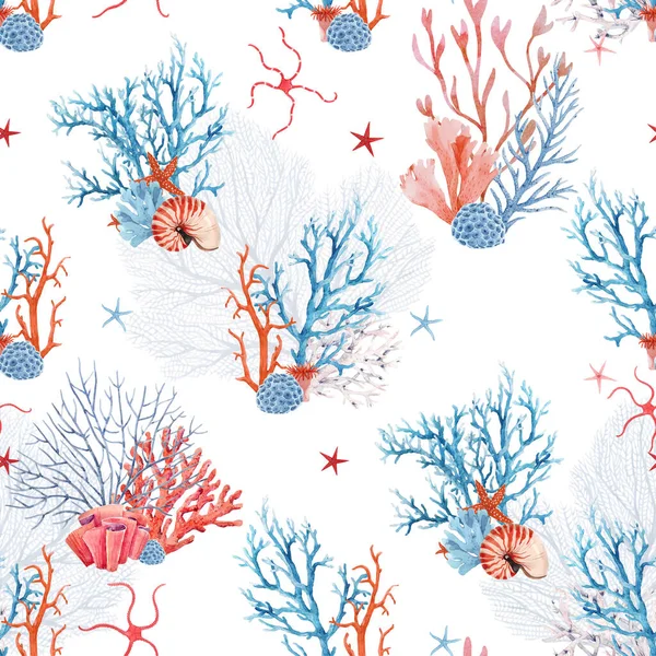 Indah seamless bawah air pola dengan cat air laut hidup karang shell dan bintang laut. Ilustrasi stok. — Stok Foto