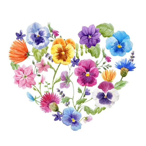 Beautiful floral heart with watercolor spring flowers. Stock illustration. — Stock Photo, Image