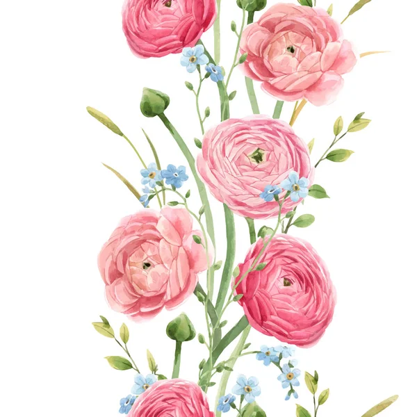 Vacker vektor vertikal sömlös blommönster med akvarell mjuka röda sommarblommor. Lagerillustration. — Stock vektor