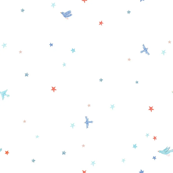 Beautiful seamless pattern with cute watercolor birds and stars. Stock illustration. — Stock Photo, Image