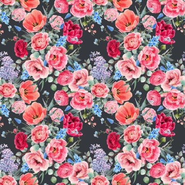 Güzel vektörsüz çiçek desenli suluboya kırmızı yaz çiçekleri. Stok illüstrasyonu.