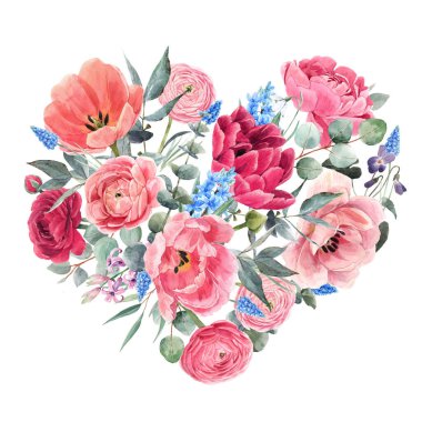 Sulu bahar çiçekleri olan güzel bir çiçek kalbi. Stok illüstrasyonu.