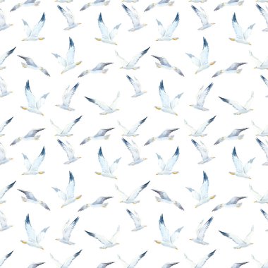 Şirin suluboya martıları olan kusursuz bir desen. Stok illüstrasyonu.