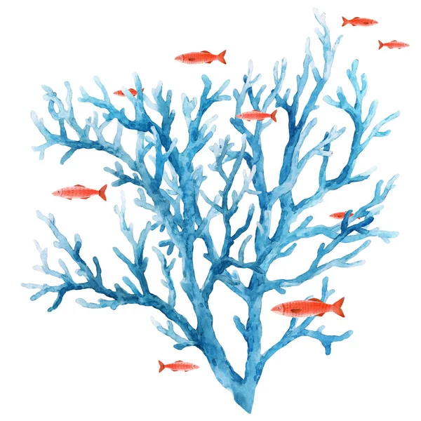 Подводная композиция с акварелью морской жизни голубых кораллов. Иллюстрация. — стоковое фото