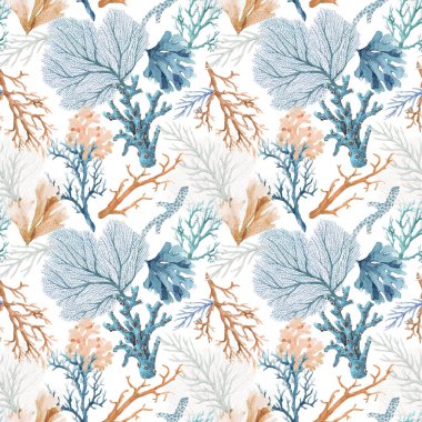 Su renginde deniz hayatı renkli mercanlarla kusursuz bir sualtı deseni. Stok illüstrasyonu.