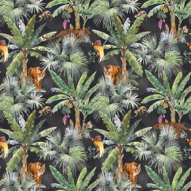 Beautiful seamless pattern with watercolor tropical palms and jungle animals tiger, giraffe, leopard. Stock illustration. clipart