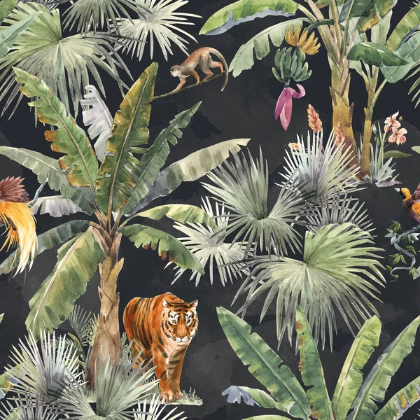 Gyönyörű varrat nélküli minta akvarell trópusi tenyerek és dzsungel állat tigris. Készletillusztráció. — Stock Fotó