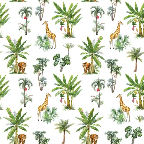 Bellissimo modello senza soluzione di continuità con palme tropicali ad acquerello e animali della giungla tigre, giraffa, leopardo. Illustrazione delle scorte. — Foto Stock