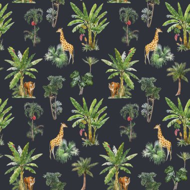 Su boyası, tropik palmiyeler, orman hayvanları, kaplanlar, zürafalar, leoparlar. Stok illüstrasyonu.