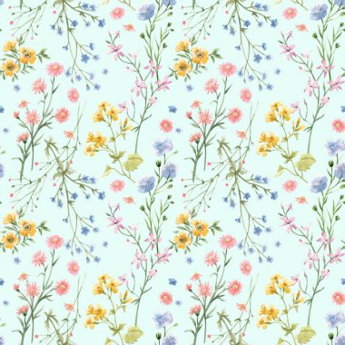 Güzel, pürüzsüz çiçek deseni suluboya, narin bahar çiçekleri. Stok illüstrasyonu.