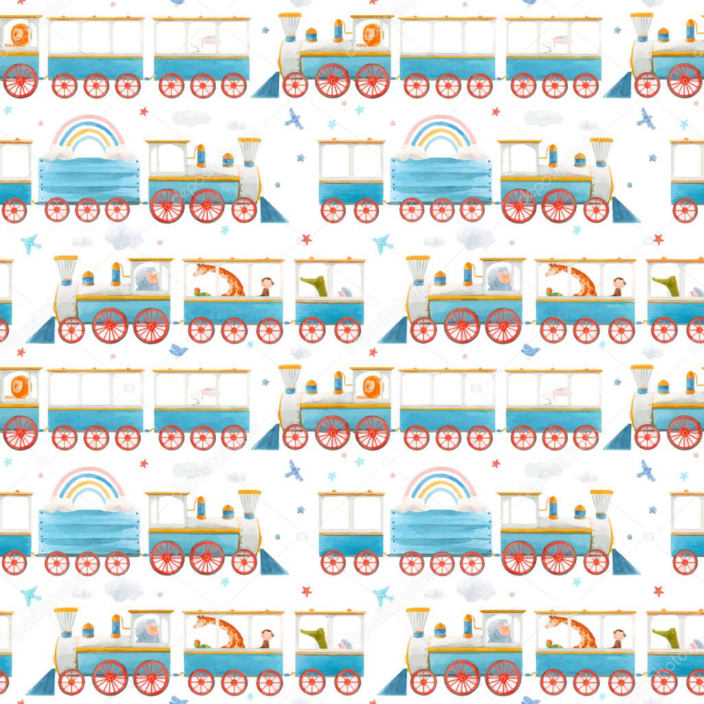 Beautiful vector seamless baby pattern with cute watercolor trains. Stock illustration.