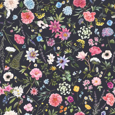 Güzel, pürüzsüz çiçek deseni suluboya elle çizilmiş yumuşak yaz çiçekleri. Stok çizimi. Doğal sanat eserleri.