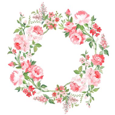 Suluboya elle çizilmiş güzel çiçek çelenkleri. Yumuşak bahar çiçekleri. Stok illüstrasyonu.