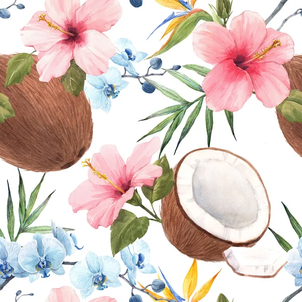 Magnifique motif tropical sans couture avec aquarelle à la main noix de coco, hibiscus rose et orchidée bleue. Illustration de stock. — Photo