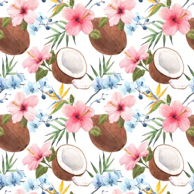 Suluboya el yapımı hindistan cevizi, gül amfibisi ve mavi orkidesi olan kusursuz tropikal desenler. Stok illüstrasyonu.