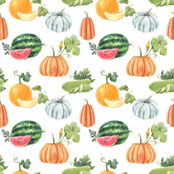 Magnifique motif sans couture avec de jolies aquarelles dessinées à la main melon pastèque et légumes à la citrouille. Illustration de stock. — Photo