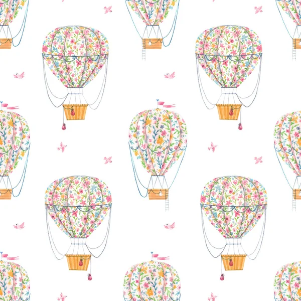 Beau motif sans couture avec de jolies ballons d'air dessinés à la main à l'aquarelle avec des fleurs douces. Illustration de stock. — Photo