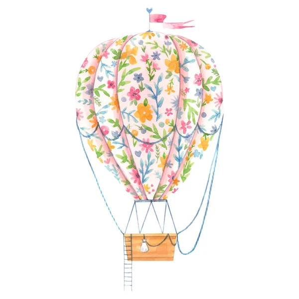 Mooi beeld met schattige aquarel hand getrokken luchtballon met zachte bloemen. Voorraadillustratie. — Stockfoto