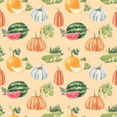 Güzel, pürüzsüz desenli, suluboya elle çizilmiş karpuz ve balkabağı sebzeleri. Stok illüstrasyonu.