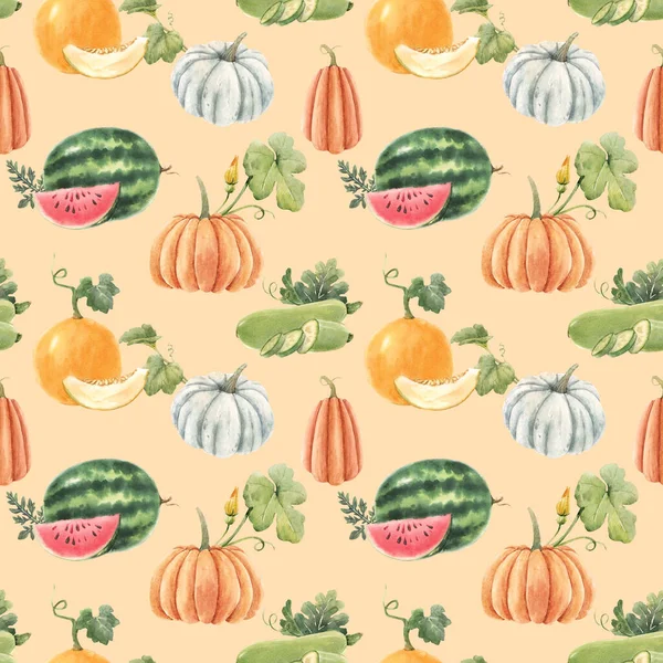 Hermoso patrón sin costura con linda sandía de melón dibujado a mano acuarela y verduras de calabaza. Ilustración general. —  Fotos de Stock