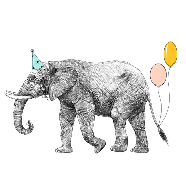 Beautiful stock illustration with cute hand drawn birthday elephant. — Stock Photo, Image