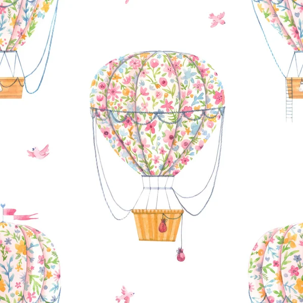 Beau motif sans couture avec de jolies ballons d'air dessinés à la main à l'aquarelle avec des fleurs douces. Illustration de stock. — Photo