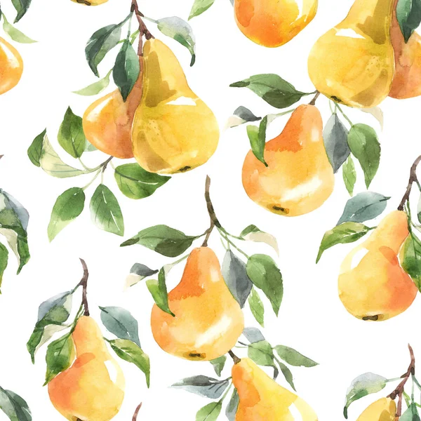 Beau motif sans couture avec aquarelle dessinée à la main savoureux fruits de poire d'été. Illustration de stock. — Photo