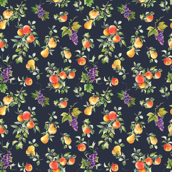 Beautiful seamless pattern with hand drawn watercolor tasty summer pear apple grape fruits. Stock illustration. — Stock Photo, Image