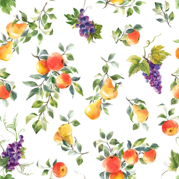 Beautiful seamless pattern with hand drawn watercolor tasty summer pear apple grape fruits. Stock illustration. — Stock Photo, Image