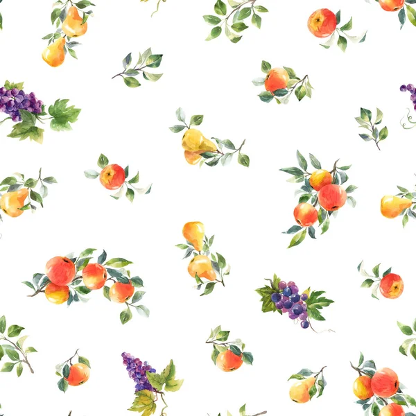 Schöne nahtlose Muster mit handgezeichneten Aquarell leckere Sommerbirne Apfel Trauben Früchte. Archivbild. — Stockfoto