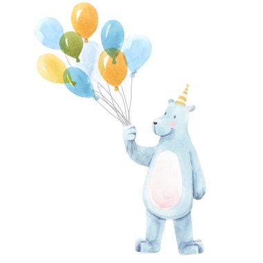 Elle çizilmiş güzel bebek doğum günü illüstrasyonu Hava balonlu şirin ayı hayvanı.