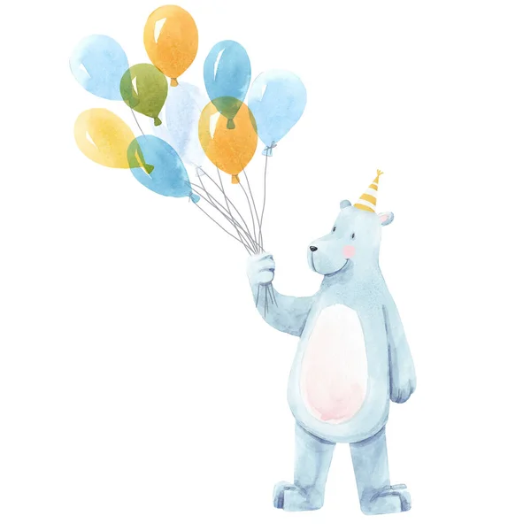 Elle çizilmiş güzel bebek doğum günü illüstrasyonu Hava balonlu şirin ayı hayvanı. — Stok fotoğraf
