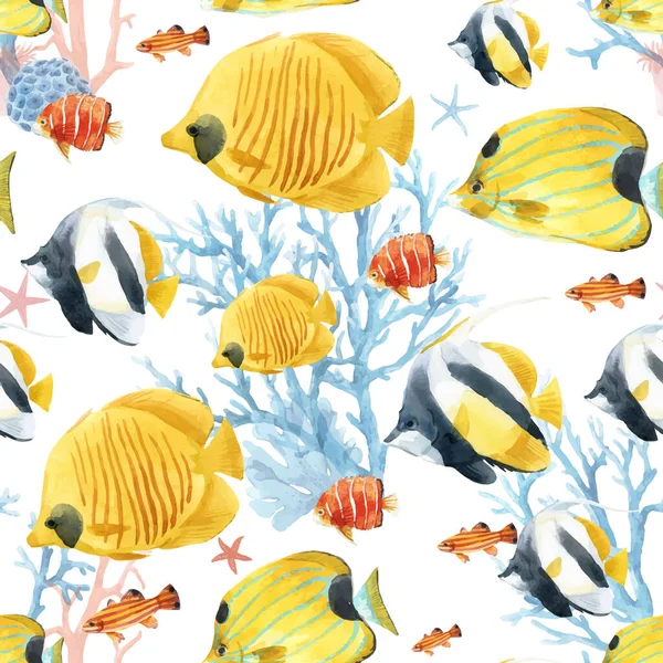 Beautiful vector seamless underwater pattern with cute watercolor colorful fish. Stock illustration. — Stock Vector