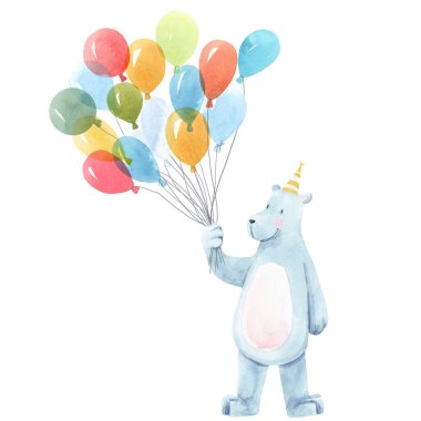 Elle çizilmiş güzel bebek doğum günü illüstrasyonu Hava balonlu şirin ayı hayvanı.