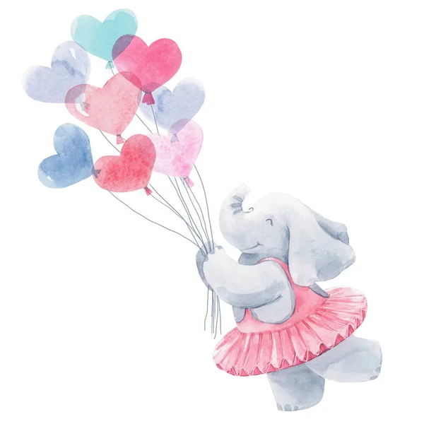 Hermosa ilustración de cumpleaños del bebé con acuarela dibujada a mano lindo elefante animal con globos de aire. —  Fotos de Stock