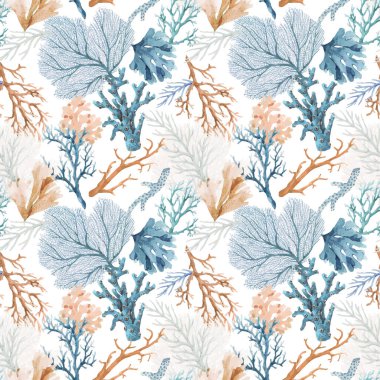 Su renginde deniz hayatı renkli mercanlarla su altı desenli güzel vektörler. Stok illüstrasyonu.