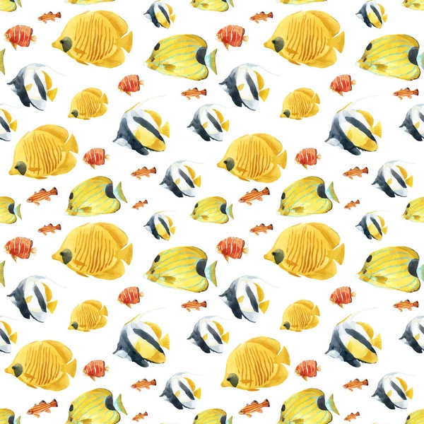 Beautiful vector seamless underwater pattern with cute watercolor colorful fish. Stock illustration. — Stock Vector