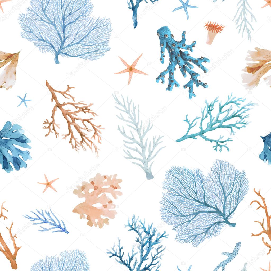 Beautiful vector seamless underwater pattern with watercolor sea life colorful corals. Stock illustration.
