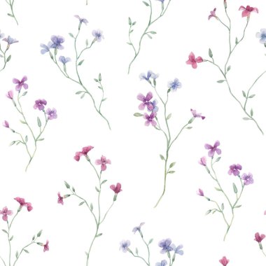 Güzel, pürüzsüz çiçek deseni ve yumuşak suluboya elle mor kır çiçekleri çizilmiş. Stok illüstrasyonu.