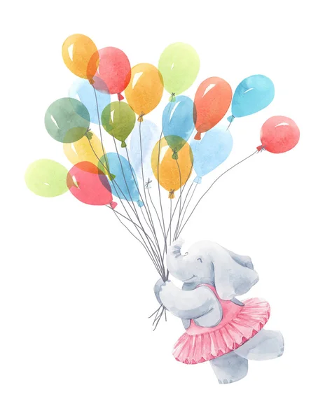 Mooie baby verjaardag illustratie met de hand getekend aquarel schattig olifant dier met lucht ballonnen. — Stockfoto