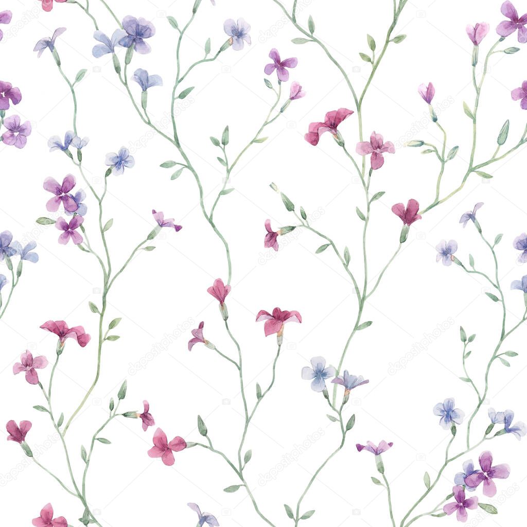 Beautiful seamless floral pattern with gentle watercolor hand drawn purple wild field flowers. Stock illustration.