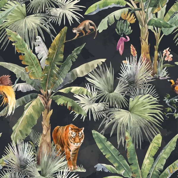 Magnifique motif vectoriel sans couture avec palmiers tropicaux aquarelle et tigre animal jungle. Illustration de stock. — Image vectorielle