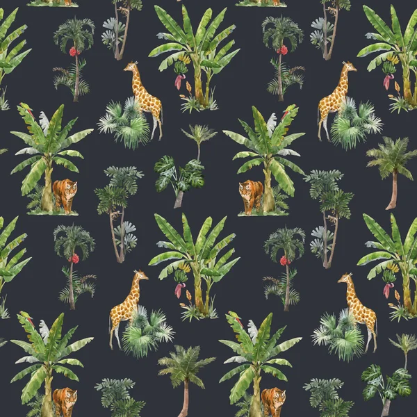 Magnifique motif vectoriel sans couture avec palmiers tropicaux aquarelle et animaux de la jungle tigre, girafe, léopard. Illustration de stock. — Image vectorielle