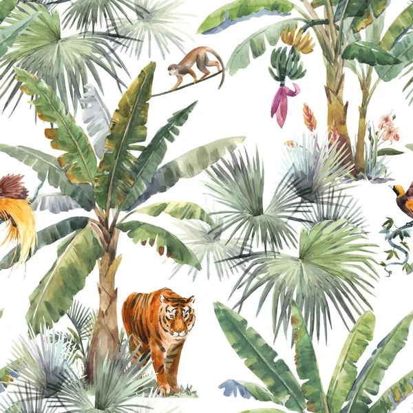 Бесшовный узор с акварелью, пальмами и джунглями тигра, жирафа, леопарда. Иллюстрация. — стоковый вектор