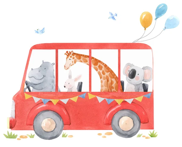 Gyönyörű stock illusztráció aranyos kézzel rajzolt akvarell busz állatokkal. Rhino zsiráf nyúl koala. Kis barátaim.. — Stock Fotó
