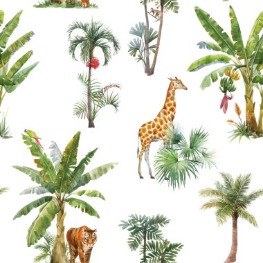 Suluboya tropikal palmiyeler, orman hayvanları, kaplanlar, zürafalar ve leopar desenli güzel vektörler. Stok illüstrasyonu.