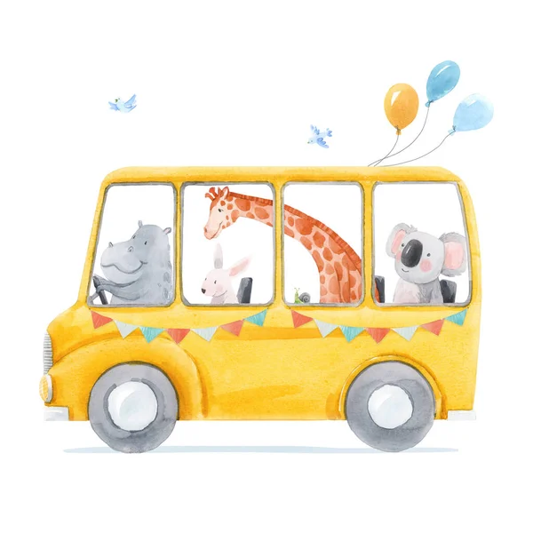 Красива стокова ілюстрація з милою рукою намальованим акварельним автобусом з тваринами. Рино жирафа кролика коала. Маленькі друзі . — стокове фото