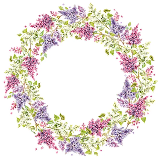 Hermoso marco floral corona con acuarela dibujado a mano suaves flores lila. Ilustración general. — Foto de Stock